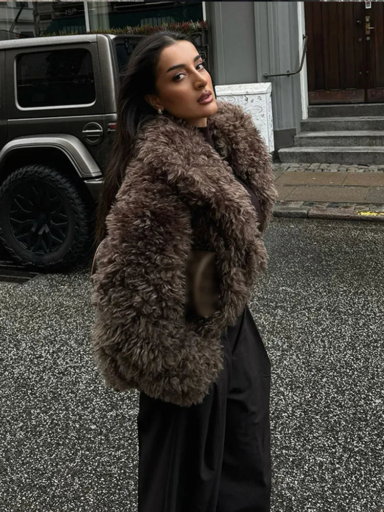 Elegant Winter Warm Fluffy Faux Fur Women's Solid Coat New Chic Lapel Long Sleeve Thick Furry Jacket Lady Thermal Outerwear