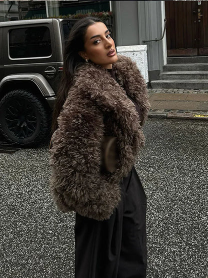 Elegant Winter Warm Fluffy Faux Fur Women's Solid Coat New Chic Lapel Long Sleeve Thick Furry Jacket Lady Thermal Outerwear