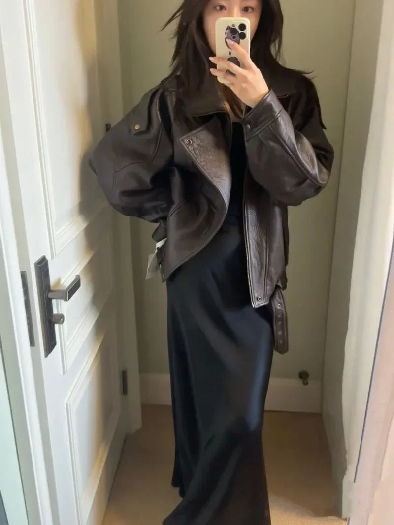 Sweet Hot Girl PU Leather Jacket Short Coat Women's Autumn Retro Turn-down Collar Loose Leather Jacket Fashion Female Clothes