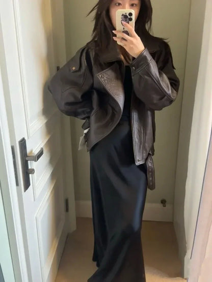 Sweet Hot Girl PU Leather Jacket Short Coat Women's Autumn Retro Turn-down Collar Loose Leather Jacket Fashion Female Clothes