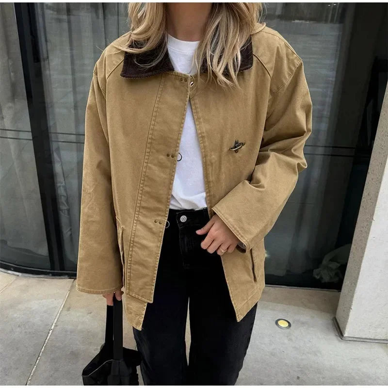Patchwork Contrast Women Jacket Single Breasted Lapel Female Jackets Autumn Winter Fashion Locomotive Lady Outwear