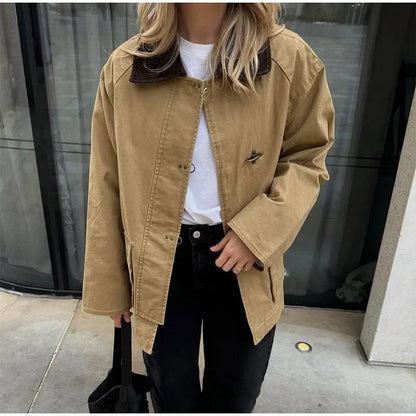 Patchwork Contrast Women Jacket Single Breasted Lapel Female Jackets Autumn Winter Fashion Locomotive Lady Outwear