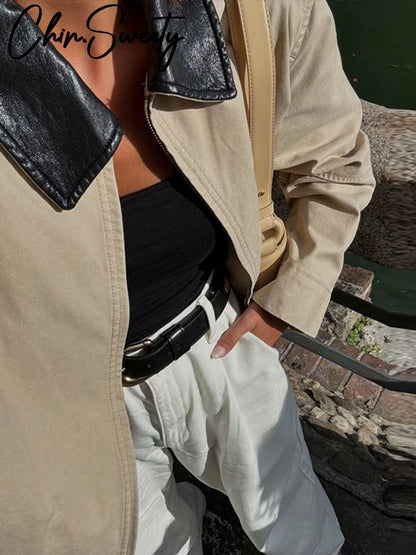 Casual Contrast Women Jacket Full Sleeve Zipper Pocket Female Patchwork Coat Vintage Urban Autumn Lady Outwear