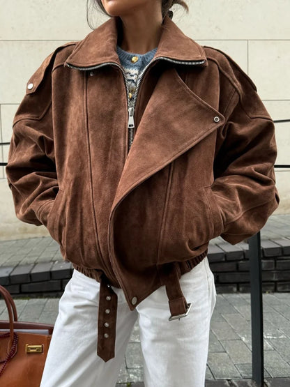 Fashion Brown Maillard Lapel Suede Leather Jackets For Women Casual Long Sleeve Zipper Pockets Coats Lady High Streetwear