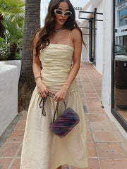Sexy Patchwork Pleated Women Sling Dress Elegant Sleeveless Backless Midi A-line Dresses 2024 Summer Lady Slim Street Robes