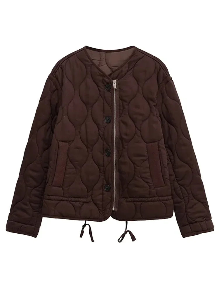 Casual Quilted Padded Jackets Women's Faionable Loose Round Neck Long Sleeve Zipper Cropped Length Outerwear Winter New