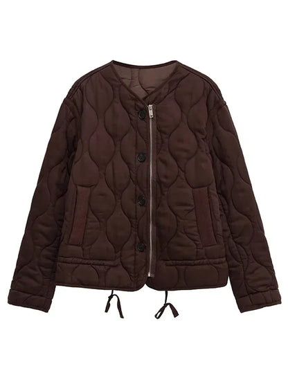 Casual Quilted Padded Jackets Women's Faionable Loose Round Neck Long Sleeve Zipper Cropped Length Outerwear Winter New