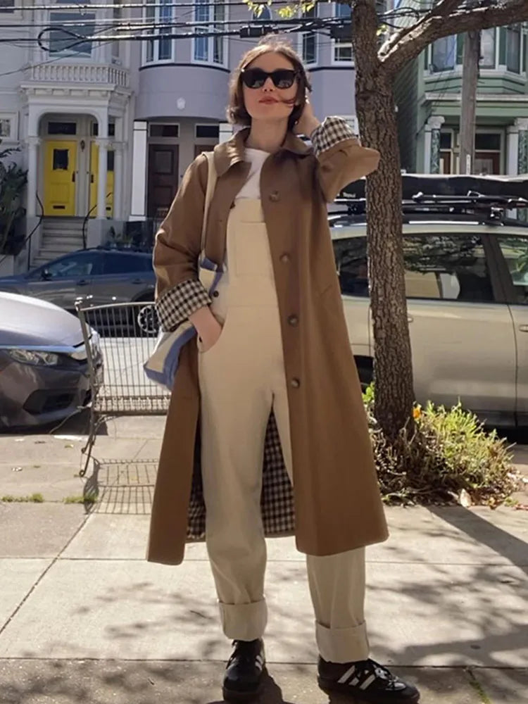 Woman Casual Long Trench Coats Khaki Plaid Lined Lapel Single Breasted Jacket With Pocket 2024 Autumn Chic Lady Commute Outwear