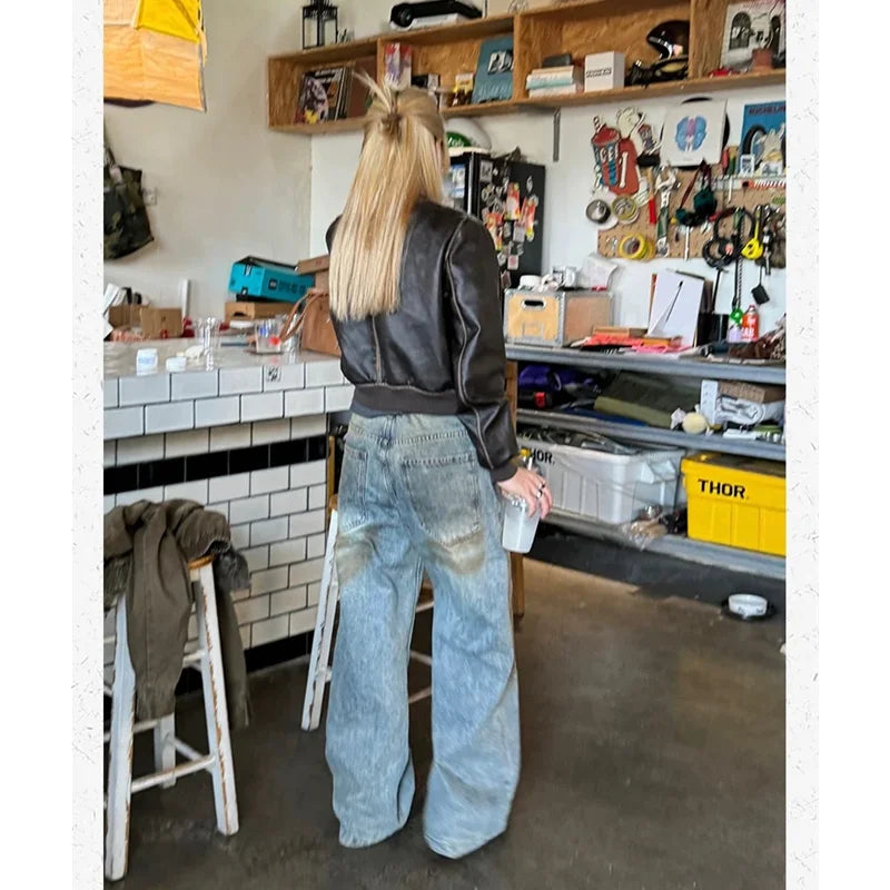 Women's Street Casual 2000s Pants Baggy Y2K Wide Leg Washed Grunge Denim Trouser American Vintage High Waist Straight Emo Jeans