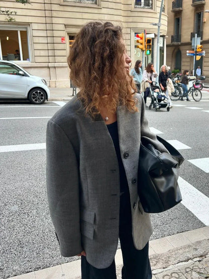 Vintage Solid Color Suit Jacket Women V Neck Single Breasted Long Sleeve Outerwear Autumn New Streetwear Fashion Casual Jackets