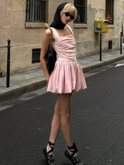 Spring New Pink Sweet Mini Dress Women Square Collar Sleeveless Short A-line Vestidos Elegant Fashion Casual Female Dresses 2025
