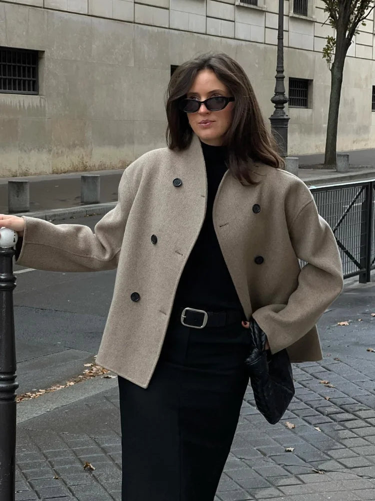 Elegant Wool Women's Coats Loose Casual Double Breasted Stand Collar Short Jacket 2024 Fall Winter Coat Female Commute Outerwear