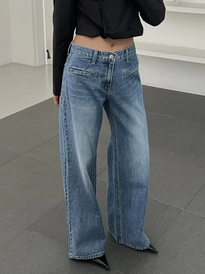 Women Fashion High Waist Loose Pockets Jeans Casual Vintage Blue Wide Leg Pants Y2k Streetwear New Autumn Winter Jeans