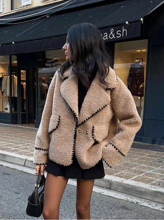 Women Contrasting One Button Lamb Woolen Coat Fashion Lapel Long Sleeves Short Plush Jacket Autumn Casual Lady Street Outwear