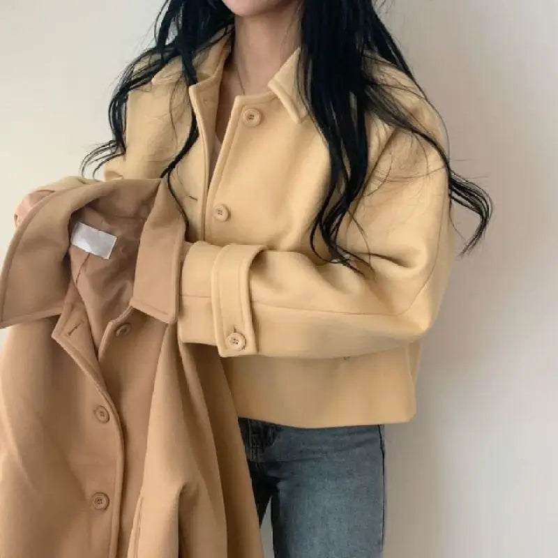 Short Cashmere Coat for Women, Wool Overcoat, Lapel Collar, Single Breasted, Female Outerwear, Autumn and Winter,