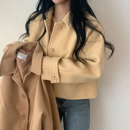 Short Cashmere Coat for Women, Wool Overcoat, Lapel Collar, Single Breasted, Female Outerwear, Autumn and Winter,