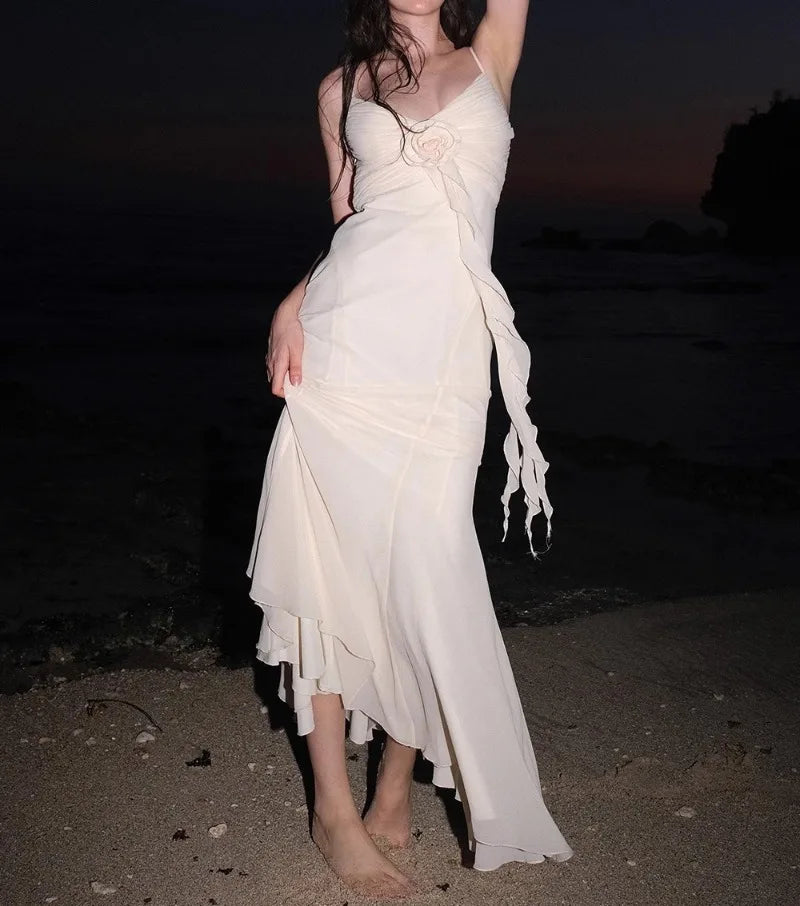 Apricot V-neck with Floral Dress Women Strapped Sleeveless Elegant Vintage Clothing Lady Streetwear Vestidos Bodycon