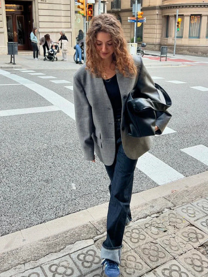 Vintage Solid Color Suit Jacket Women V Neck Single Breasted Long Sleeve Outerwear Autumn New Streetwear Fashion Casual Jackets