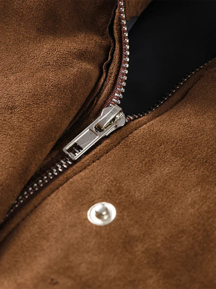 Zipper Suede Cargo Jacket Coat Button Lapel Maillard Slimming Workwear Leather Jackets Casual Short Outwear Commute Overcoat