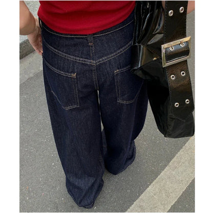 Women's Large Wide Leg Retro Dark Blue Jeans Cool Girl Street Fashion Bottoms Female High Waist Straight Loose Denim Trousers