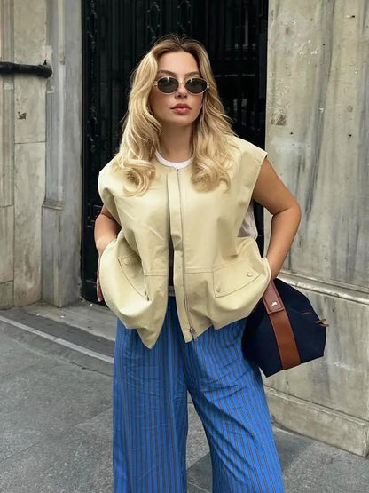 Padded Beige Waistcoat Folds Winter Sleeveless Vest Coat Turtleneck Pockets Zipper Autumn Thick Warm Parka Jacket