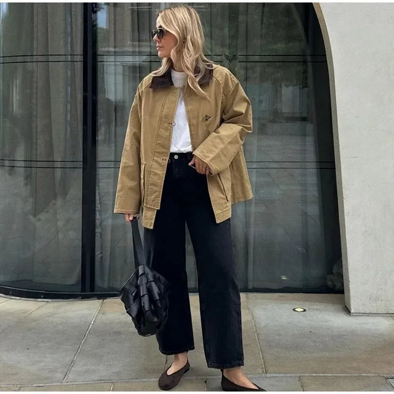 Patchwork Contrast Women Jacket Single Breasted Lapel Female Jackets Autumn Winter Fashion Locomotive Lady Outwear