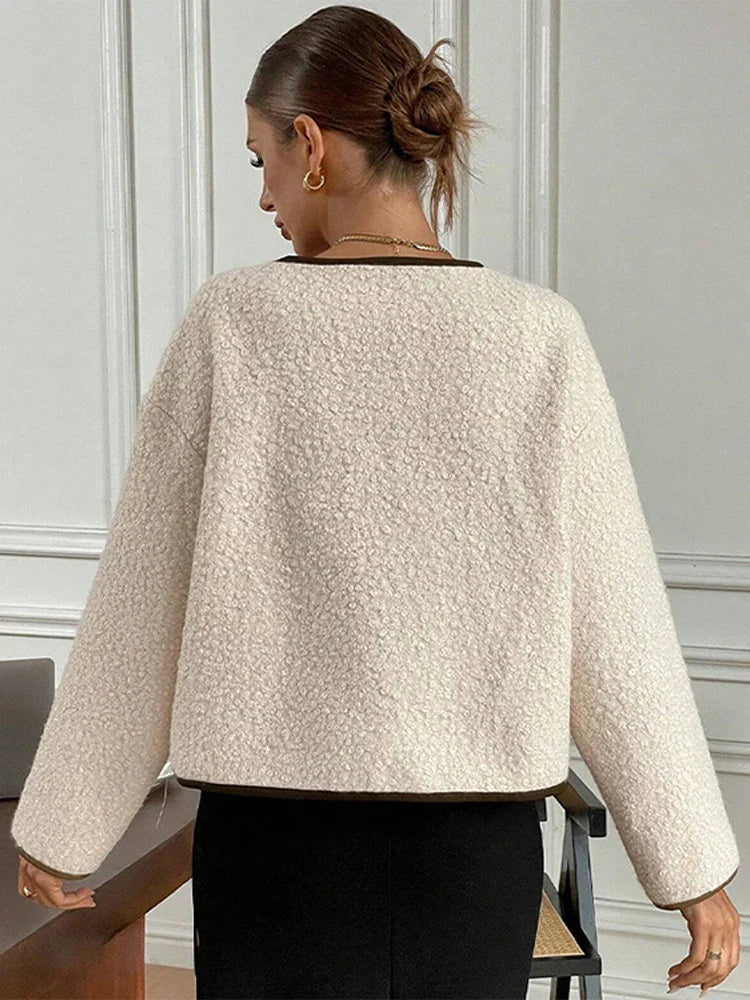 Elegant Women's Lamb Wool Cropped Cardigans Round Neck Lace-Up Long Sleeve Pocket Short Jackets 2024 Autumn New In Outerwears