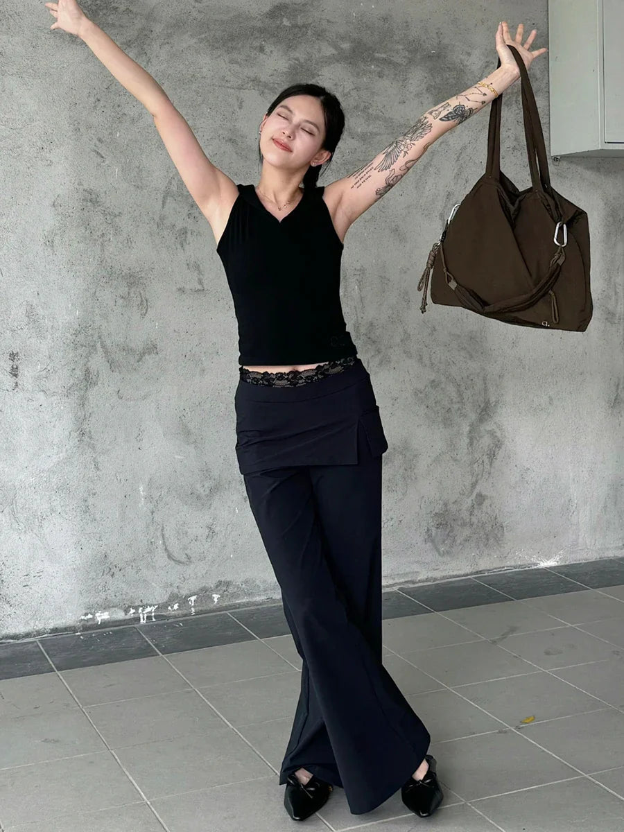 Women Lace Patch Strap Bootcut Pants white