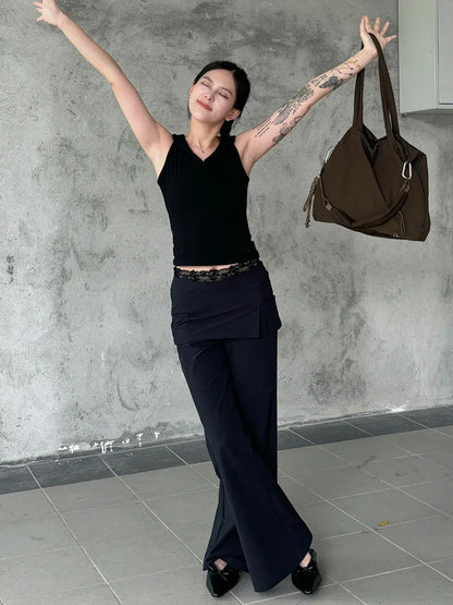 Women Lace Patch Strap Bootcut Pants white