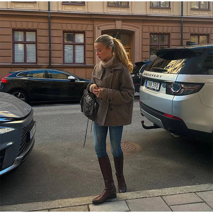 Plaid Double Breasted Street Coat Women Drop-shoulder Long Sleeve Stand Collar Loose Pocket Casual Jacket 2025 Autumn Outwear