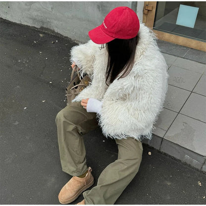 Elegant White Faux Fur Coat Women's 2025 Oversized Winter Jacket Fashion Loose Long Sleeve Warm Outwear Streetwear Office Casual