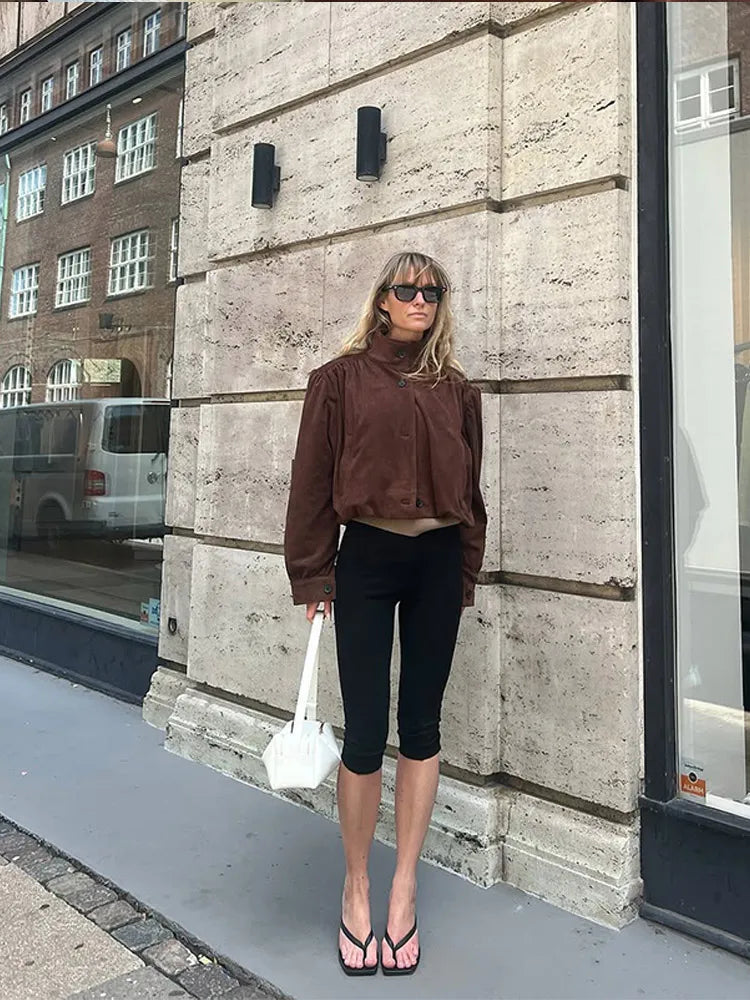 Retro Brown Suede Short Jacket Elegant Women Stand Collar Full Sleeves Single Breasteds Loose Coats Autumn Chic Lady Street Wear