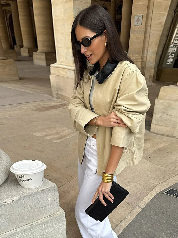 Leather Collar Cargo Jacket Coat Color Patchwork Lapel Button Zipper Pocket Workwear Outwear Loose Casual Minimalist Outwear Top