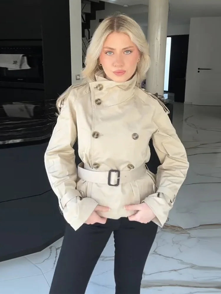 Stand Up Collar Trench Coat Belt Lace Up Double Breasted Short Jacket Retro Waist Cinched Silhouette Slimming Windbreaker Top