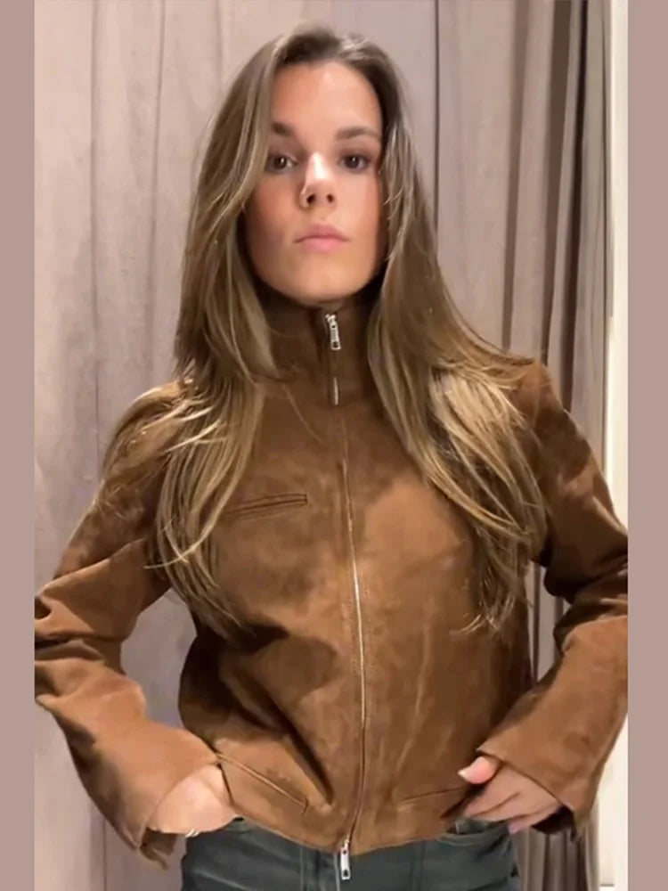 Stand Collar Suede Leather Jacket Coat Zipper Retro Long Sleeved Casual Biker Jackets Loose Fashion Front Shoulder Short Outwear