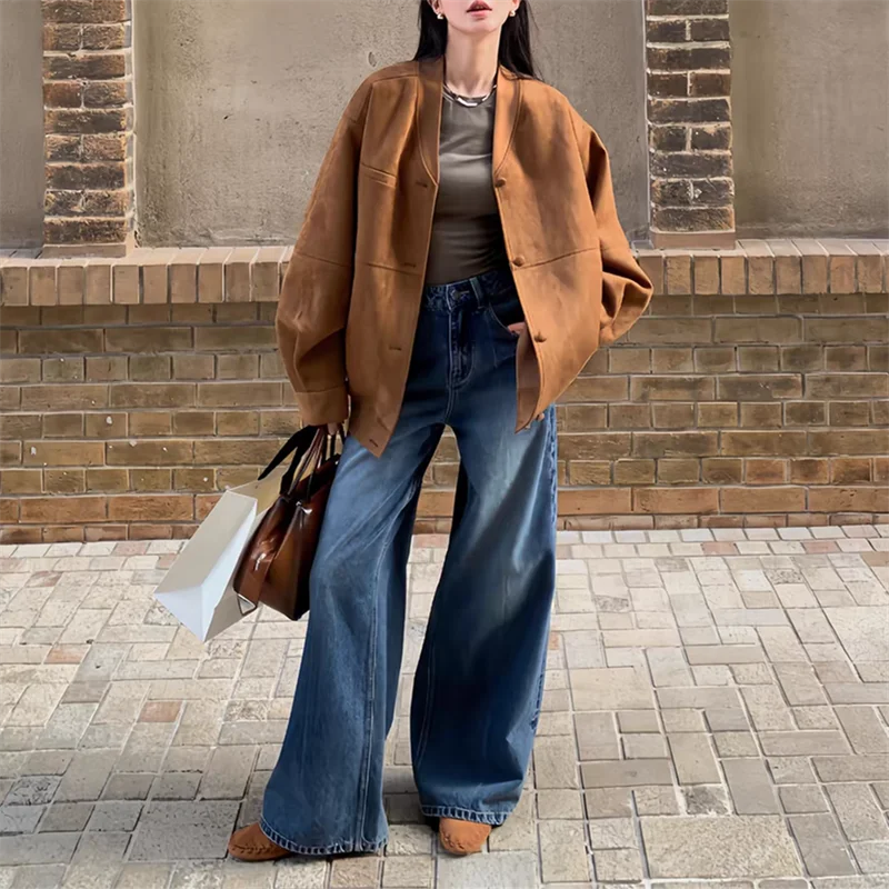 Women's Washing Blue Vintage Street Wide-leg Jeans Cool Girl Baggy Pants Fashion Bottoms Female High Waist Straight Trousers