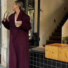 New Autumn Winter Women Burgundy Red Padded Shoulder Coats Fashion Double Breasted Casual Lapel Outerwear Female Street Overcoat