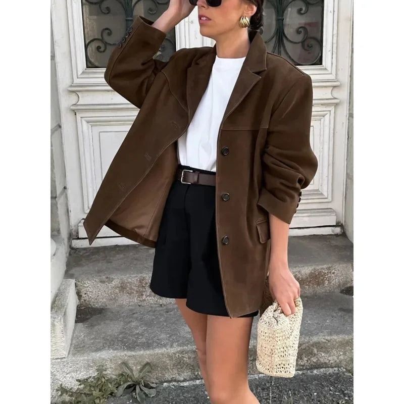 Vintage Lapel Pocket Suede Leather Jacket Women Fashion Loose Single Button Oversize Brown Coats Female Street Chic Clothes