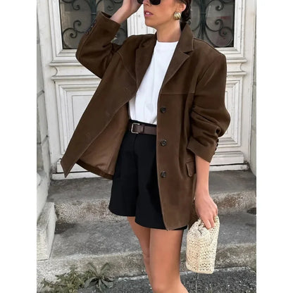 Vintage Lapel Pocket Suede Leather Jacket Women Fashion Loose Single Button Oversize Brown Coats Female Street Chic Clothes