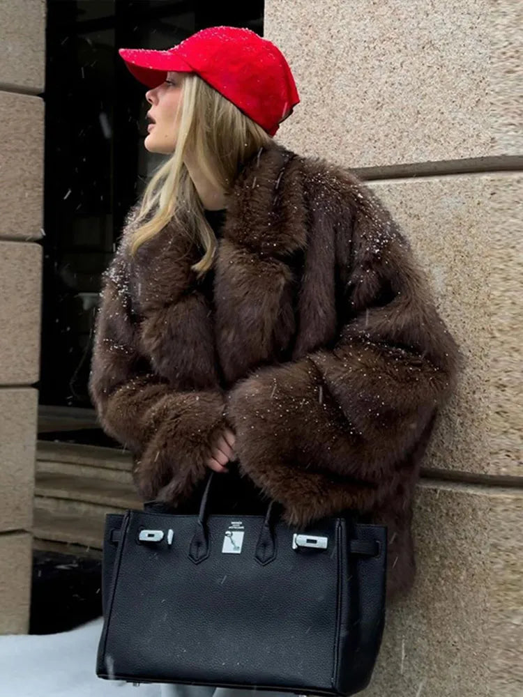 Furffy Thicken Jackets Women Faux Fur Loose Lapel Long Sleeves Warm Coats Female Winter Fashion Solid Soft Outwears Lady