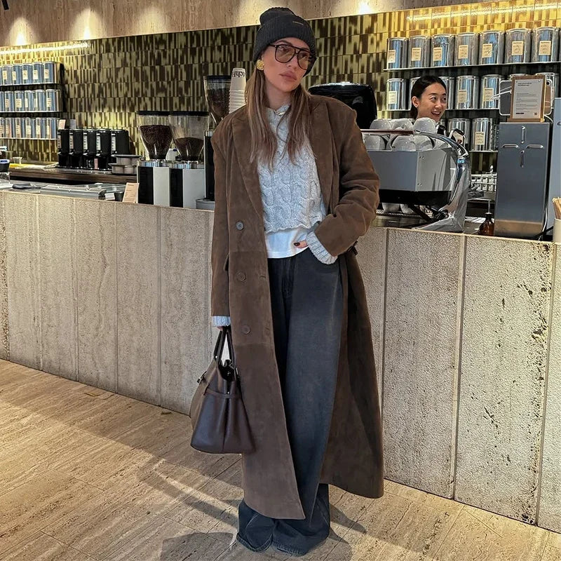Casual Solid Long Women Streetwear Long Sleeve Turn-down Collar Double Breasted Female Coat 2025 Autumn Fashion Lady Jacket New