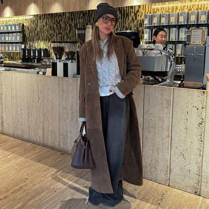 Casual Solid Long Women Streetwear Long Sleeve Turn-down Collar Double Breasted Female Coat 2025 Autumn Fashion Lady Jacket New