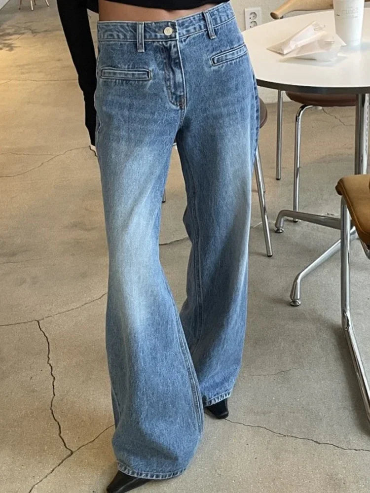 Women Fashion High Waist Loose Pockets Jeans Casual Vintage Blue Wide Leg Pants Y2k Streetwear New Autumn Winter Jeans