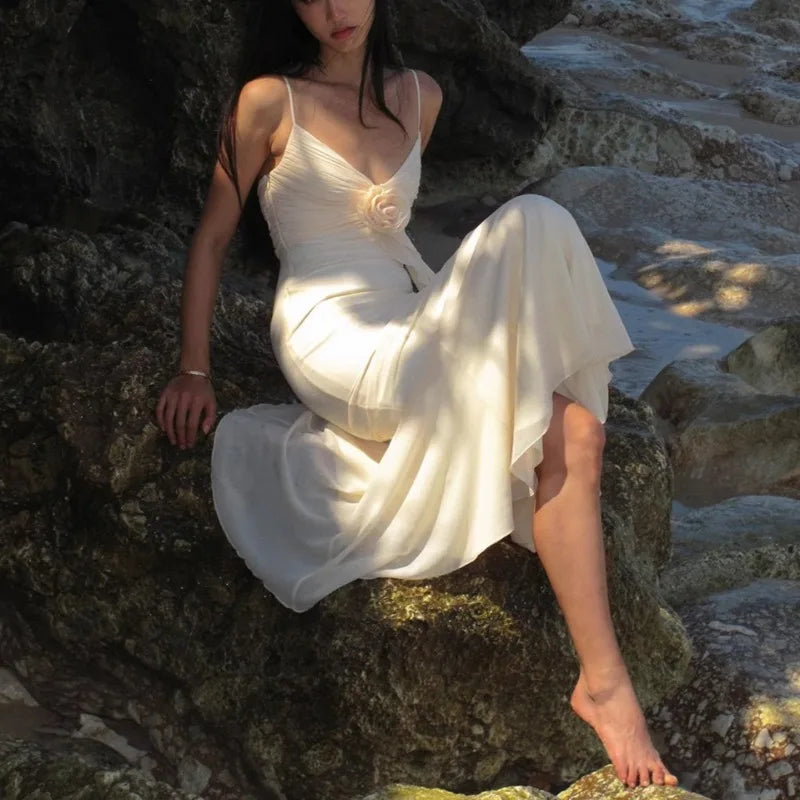 Apricot V-neck with Floral Dress Women Strapped Sleeveless Elegant Vintage Clothing Lady Streetwear Vestidos Bodycon