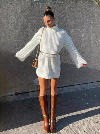 2025 Autumn Winter Blue Sweater Dress Fashion High Collar Knit Short Dress Loose Straight Solid Flare Sleeve Casual Women Dress
