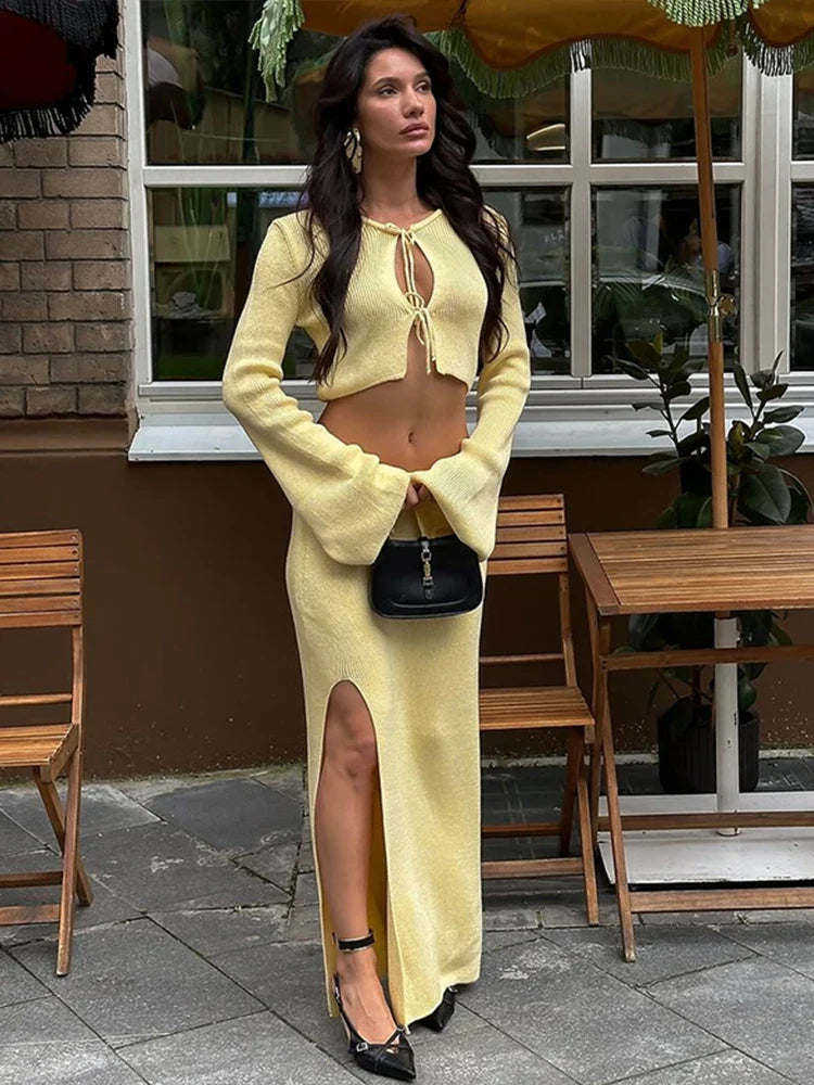 Women Knitted Lace Up 2pcs Set With Skirt Long Sleeve Waist Exposed Cardigan Sexy Slit Long Skirts Autumn New Matching Sets
