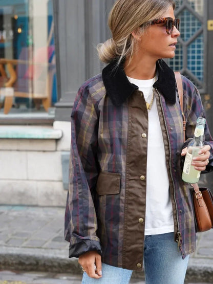 Vintage Plaid Printed Women Jacket Patchwork Turn Down Collar Single Breasted Female Coat Autumn Long Sleeve Zipper Outwear