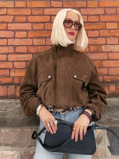 Zipper Suede Cargo Jacket Coat Button Lapel Maillard Slimming Workwear Leather Jackets Casual Short Outwear Commute Overcoat