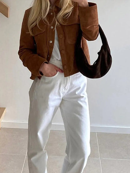 Suede Short Women's Jacket Vintage Solid Color Lapel Jackets with Pocket Single Breasted Casual Women Coat Autumn Classic Coats