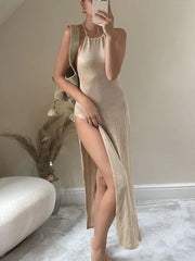 Sexy Knitted Halter Neck Backless Beach Maxi Dress Women Elegant Party Club Dresses Summer Vacation Swimsuit Cover Up A2797